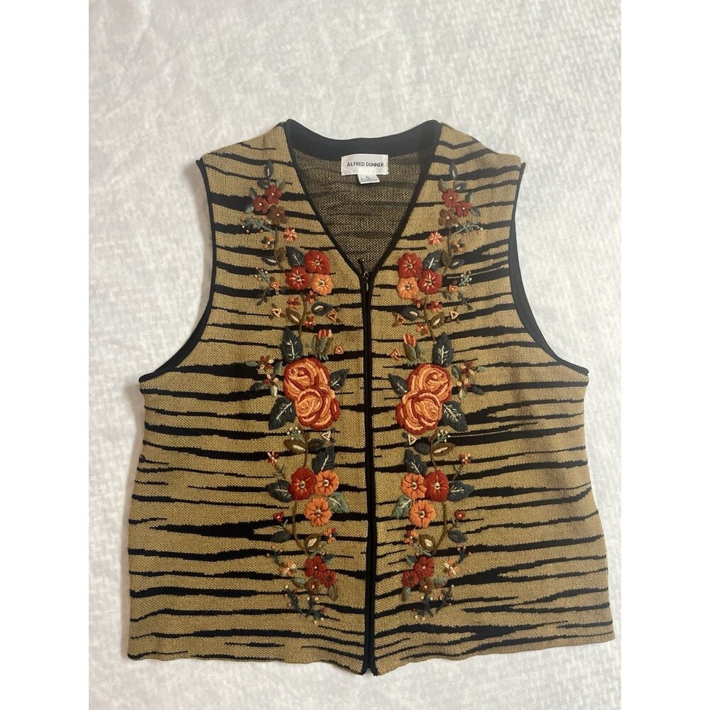 Alfred Dunner Tan Black Floral Embroidered Zip Vest Wool Blend XL